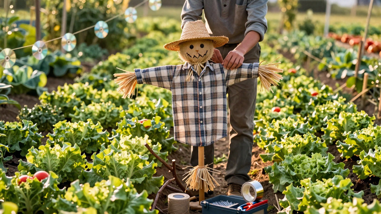 Espantalho com chapéu de palha e camisa aos quadrados numa horta com verduras, mãos de pessoa a ajustar-o.