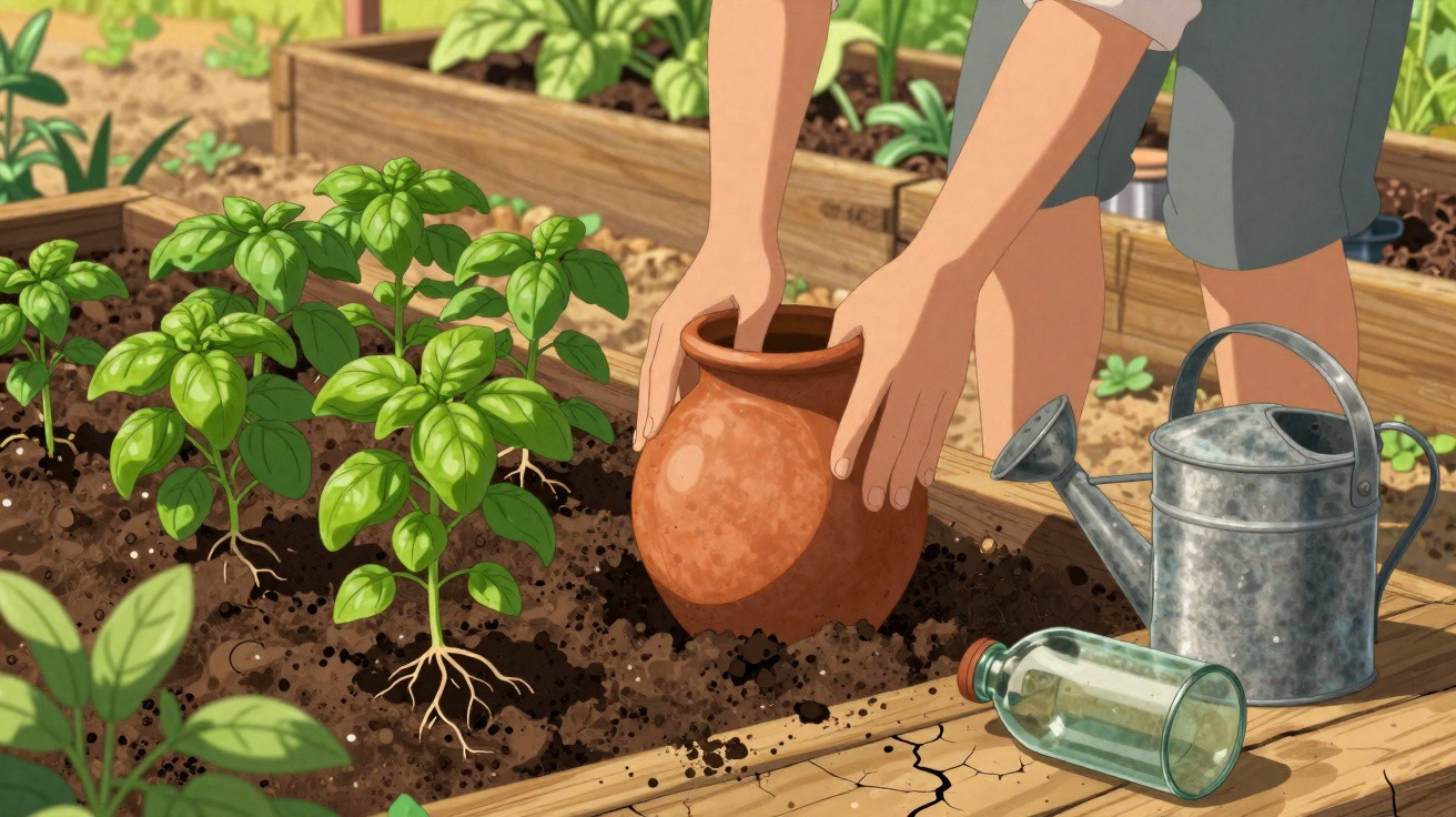 Pessoa a plantar ervas aromáticas numa horta com um vaso de barro, regador e garrafa de vidro na madeira.