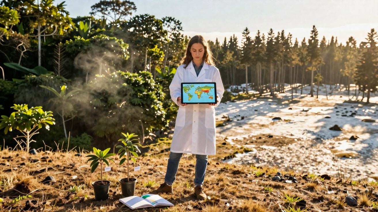 Mulher de bata branca segura tablet com mapa do mundo, planta árvores numa área afetada pela seca.