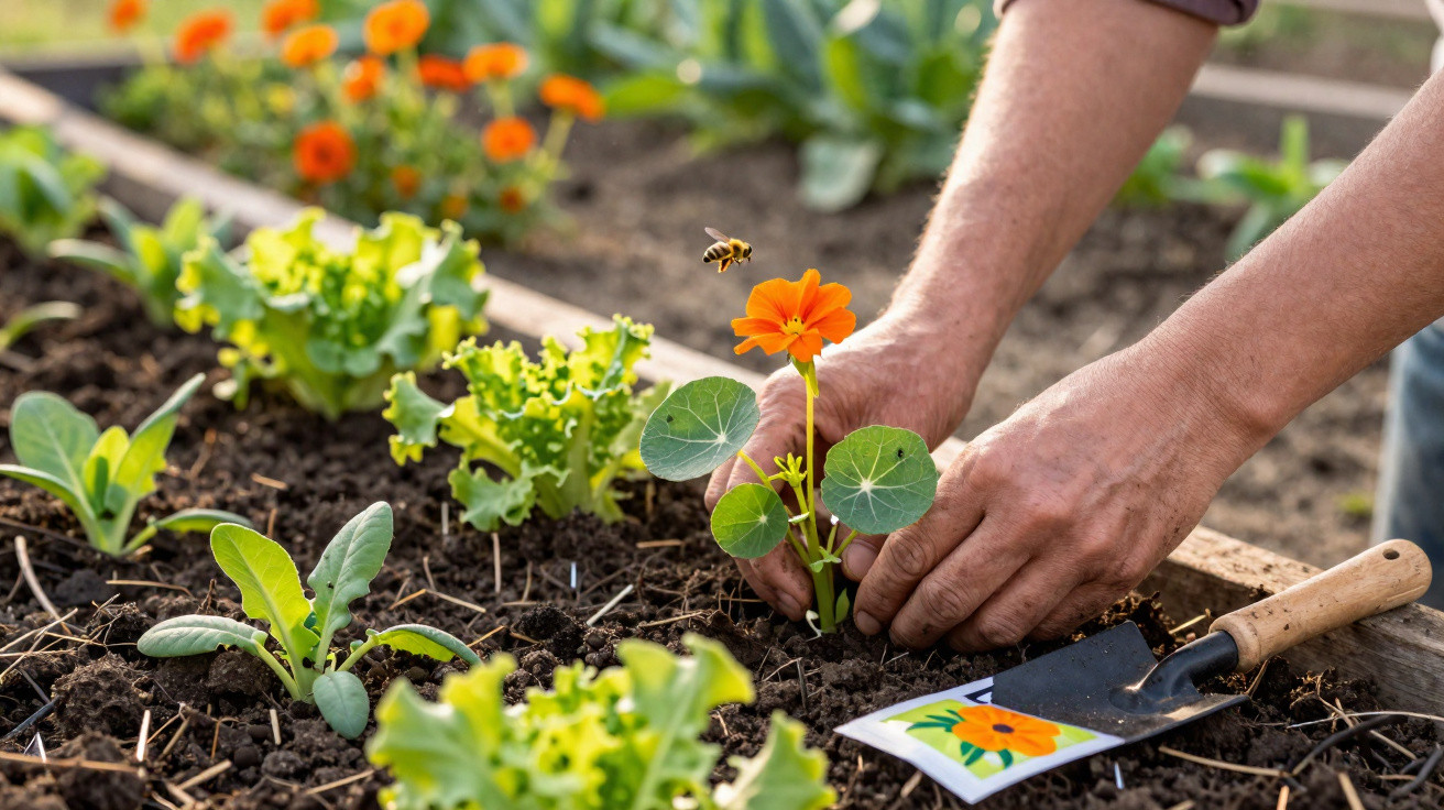 Mãos a plantar flor laranja numa horta com várias plantas e uma abelha a voar por perto.