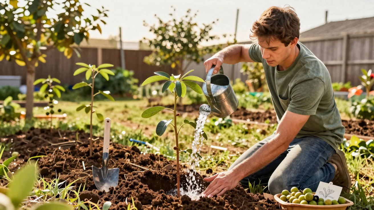 Homem jovem rega uma planta recém plantada num jardim ensolarado, com ferramentas e frutos ao lado.