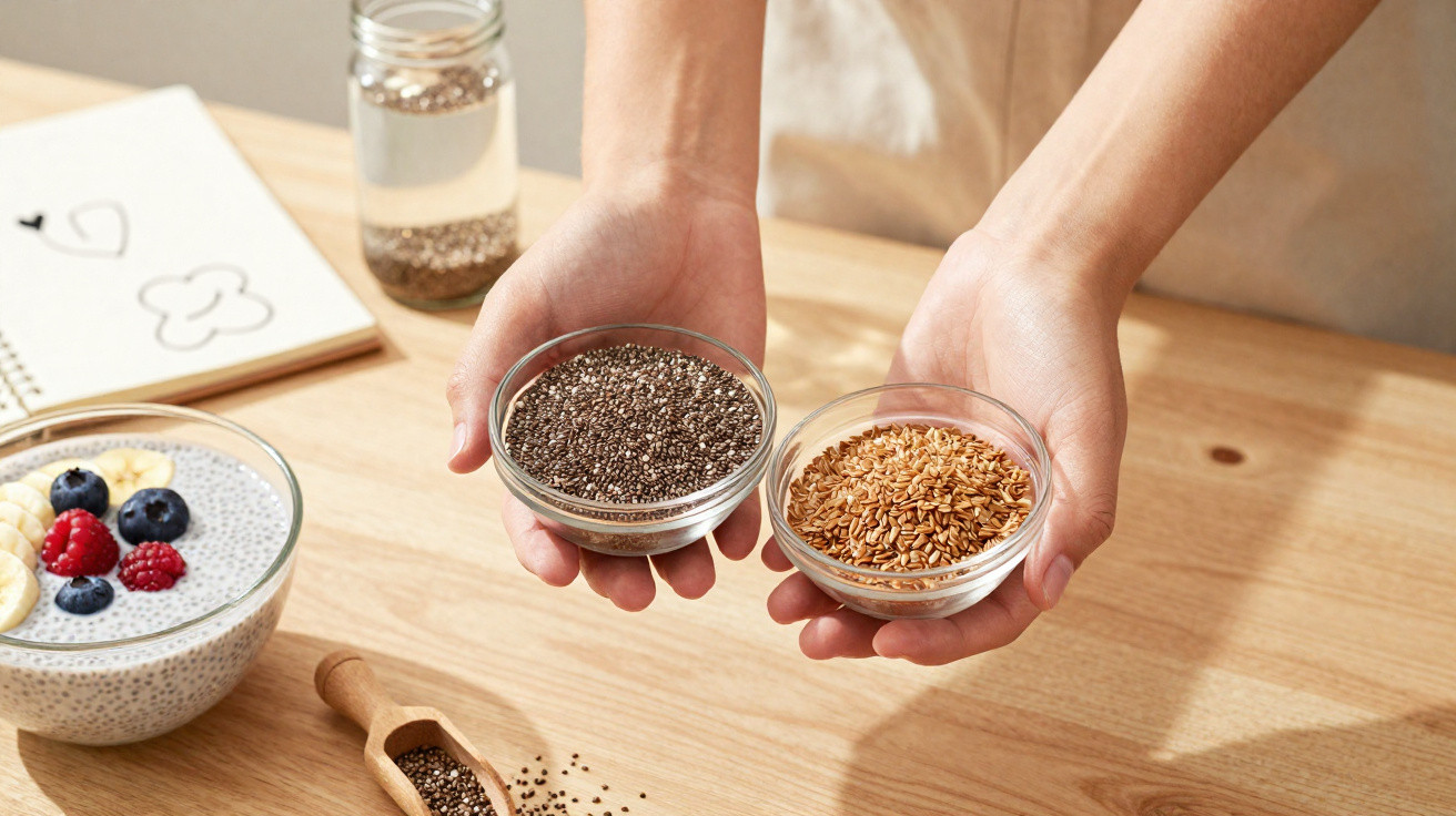 Mãos a segurar taças com sementes de chia e linhaça sobre mesa com taça de iogurte e frutos vermelhos.