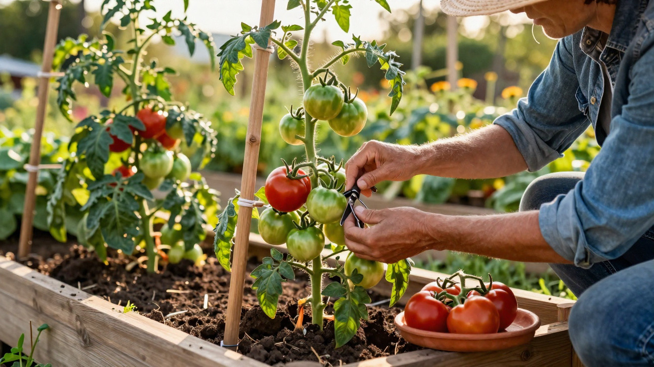 Pessoa a colar etiqueta numa planta de tomateiros com tomates verdes e vermelhos num canteiro de madeira.