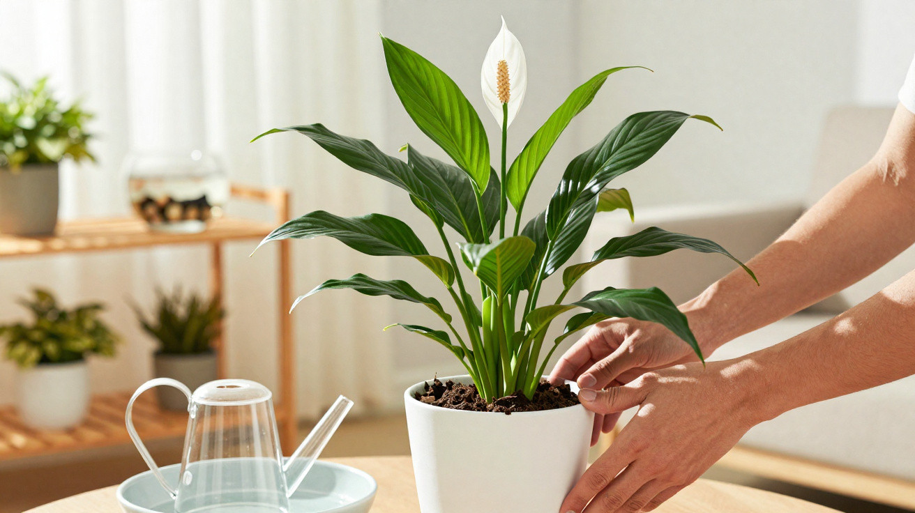 Planta com flor branca em vaso branco numa mesa, com regador e mãos a mexer na terra num interior iluminado.