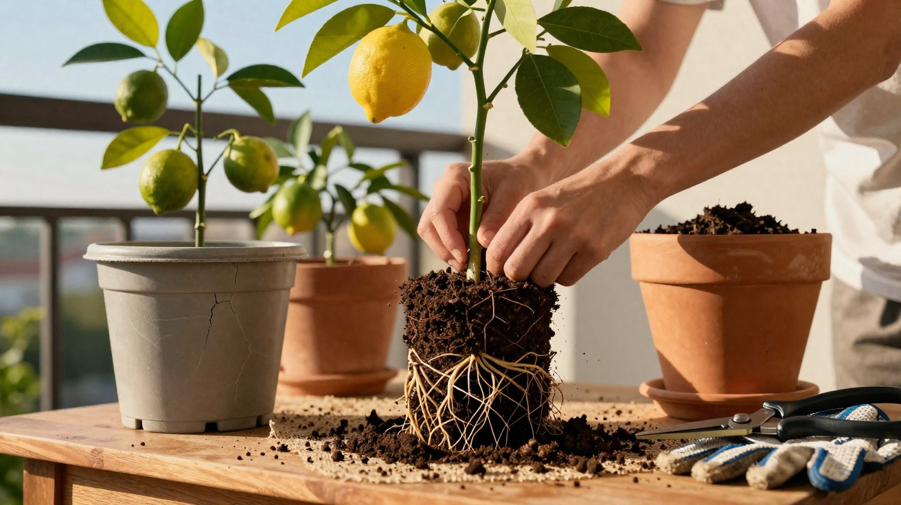 Mãos a transplantar uma planta de limão com raízes expostas, vasos e terra numa mesa ao ar livre.