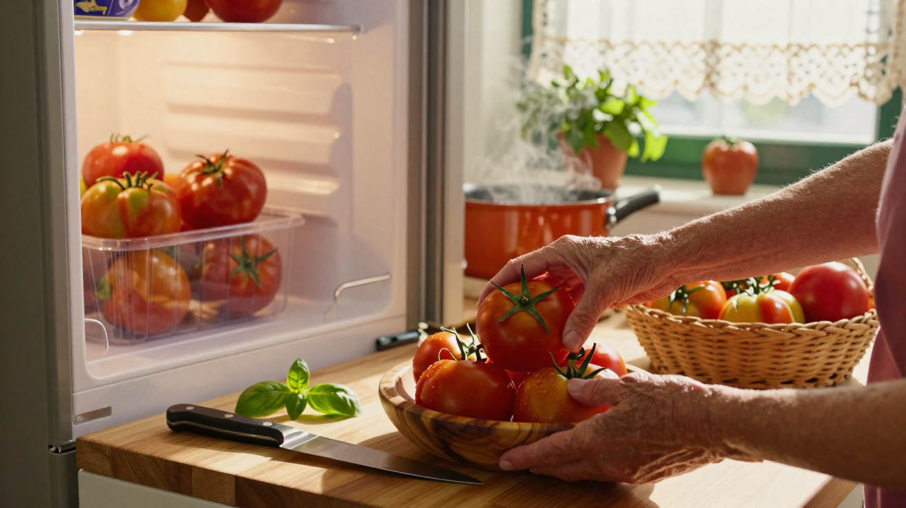 Mãos de idoso a colocar tomates vermelhos numa taça de madeira numa cozinha luminosa e acolhedora.