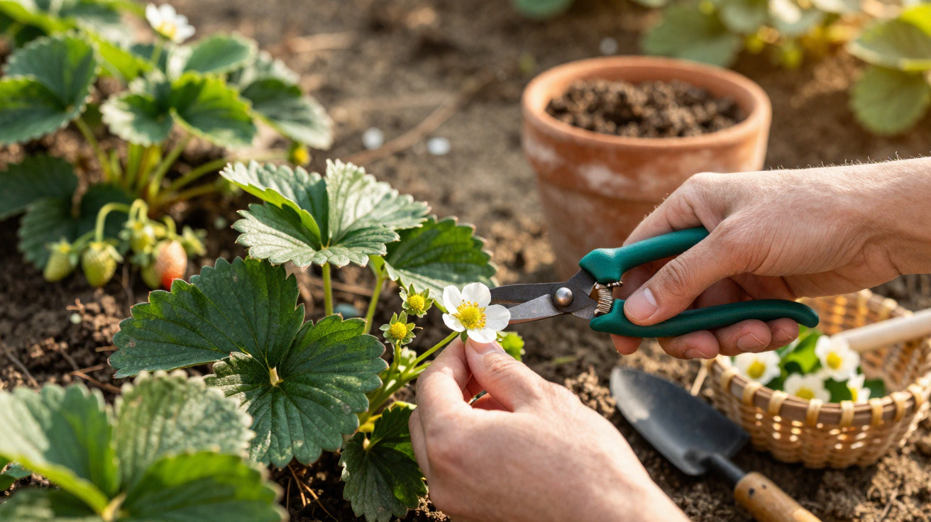 Pessoa a cortar flor branca de planta de morango num jardim com terra e ferramentas de cultivo.