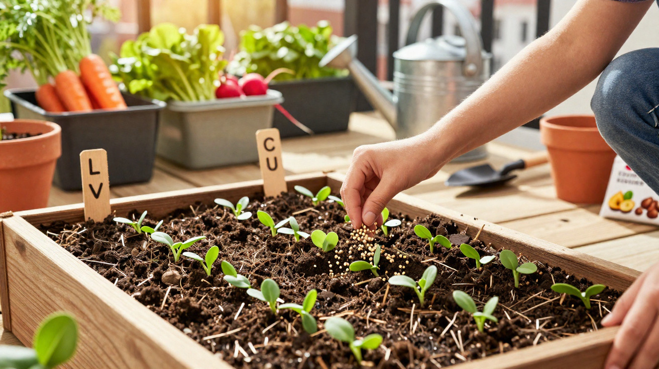 Pessoa a semear pequenas plantas numa horta urbana com vasos de legumes e regador ao fundo.