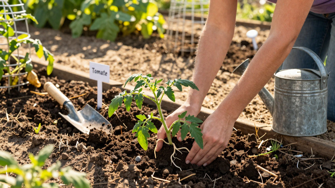 Pessoa a plantar muda de tomate num canteiro de terra, com regador e enxada junto.