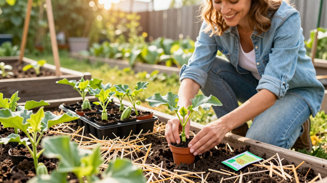 Mulher sorridente a plantar uma muda numa cama de cultivo num jardim ensolarado.