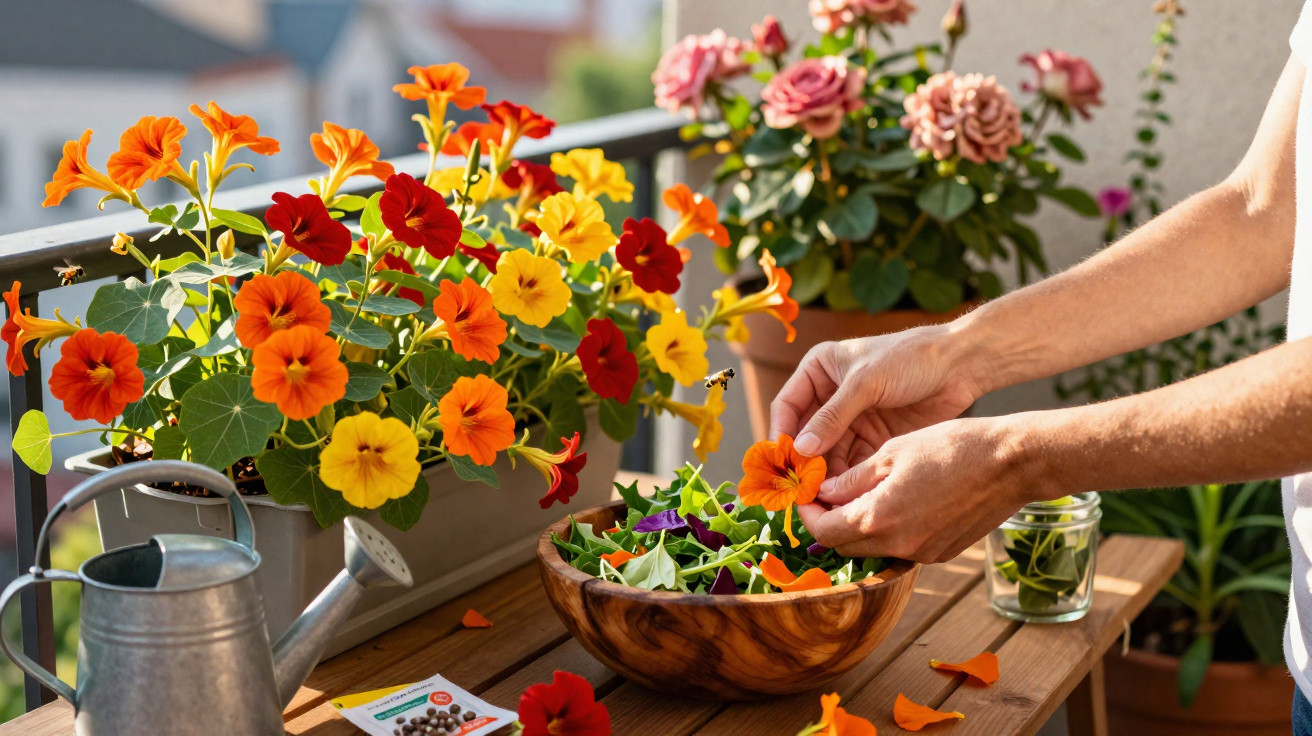 Mãos a adicionar flores comestíveis coloridas em salada numa varanda com regador e plantas ao fundo.