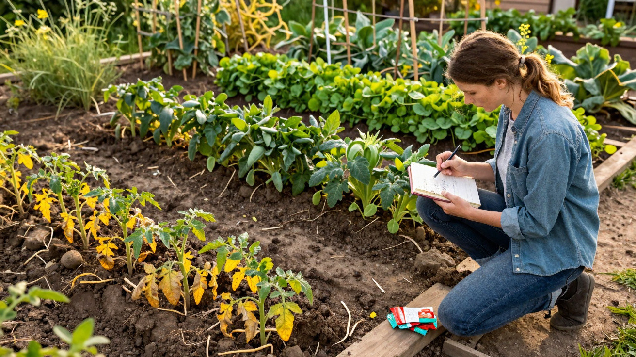Mulher a observar e anotar o estado das plantas num jardim hortícola, rodeada de vegetação verde e húmida.