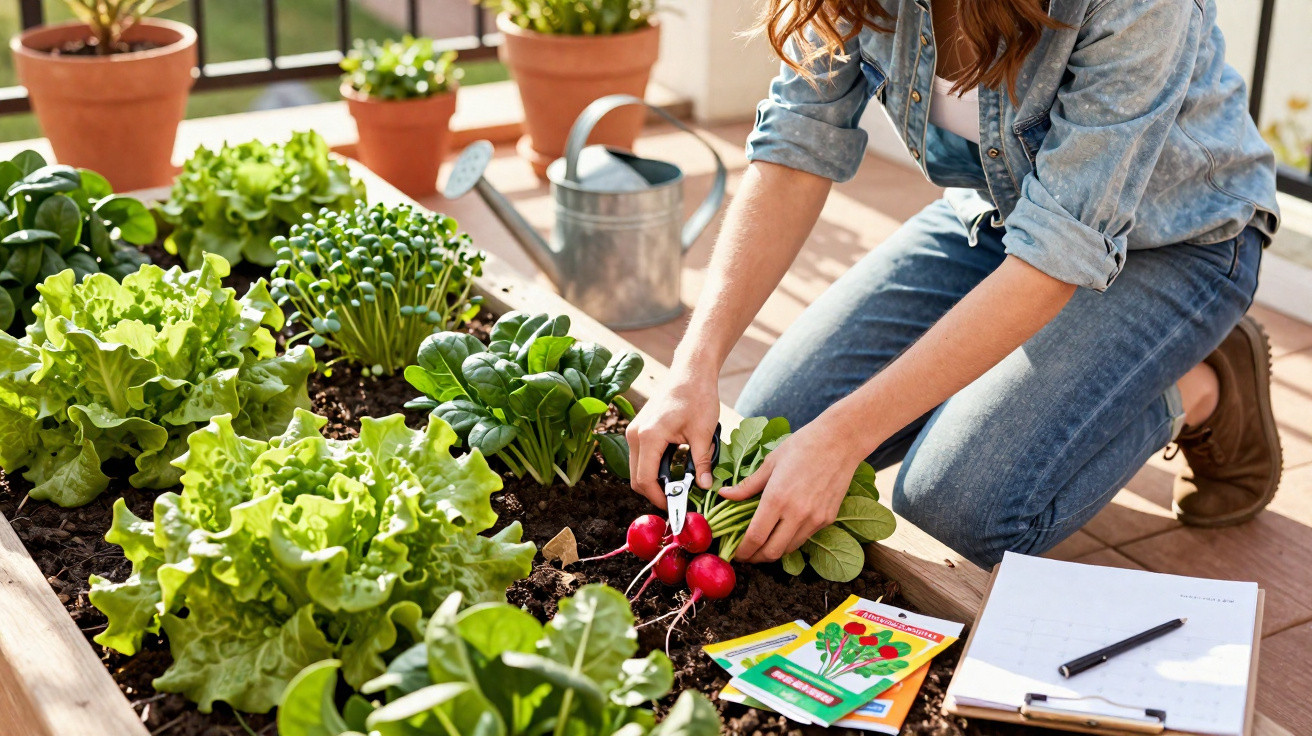 Pessoa a colher rabanetes frescos numa horta urbana com vários legumes e sementes ao lado.