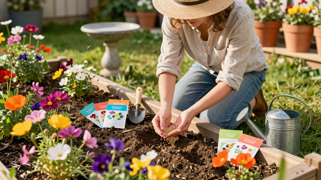 Pessoa a semear sementes num canteiro de flores coloridas num jardim, com regador e pacotes de sementes.