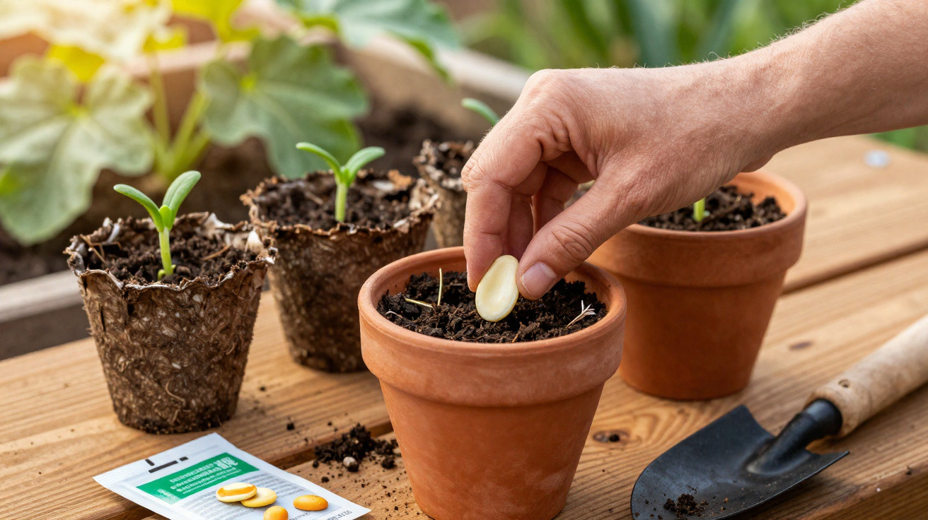 Mão a plantar semente num vaso de barro, com plantas jovens e utensílio de jardinagem numa mesa de madeira.