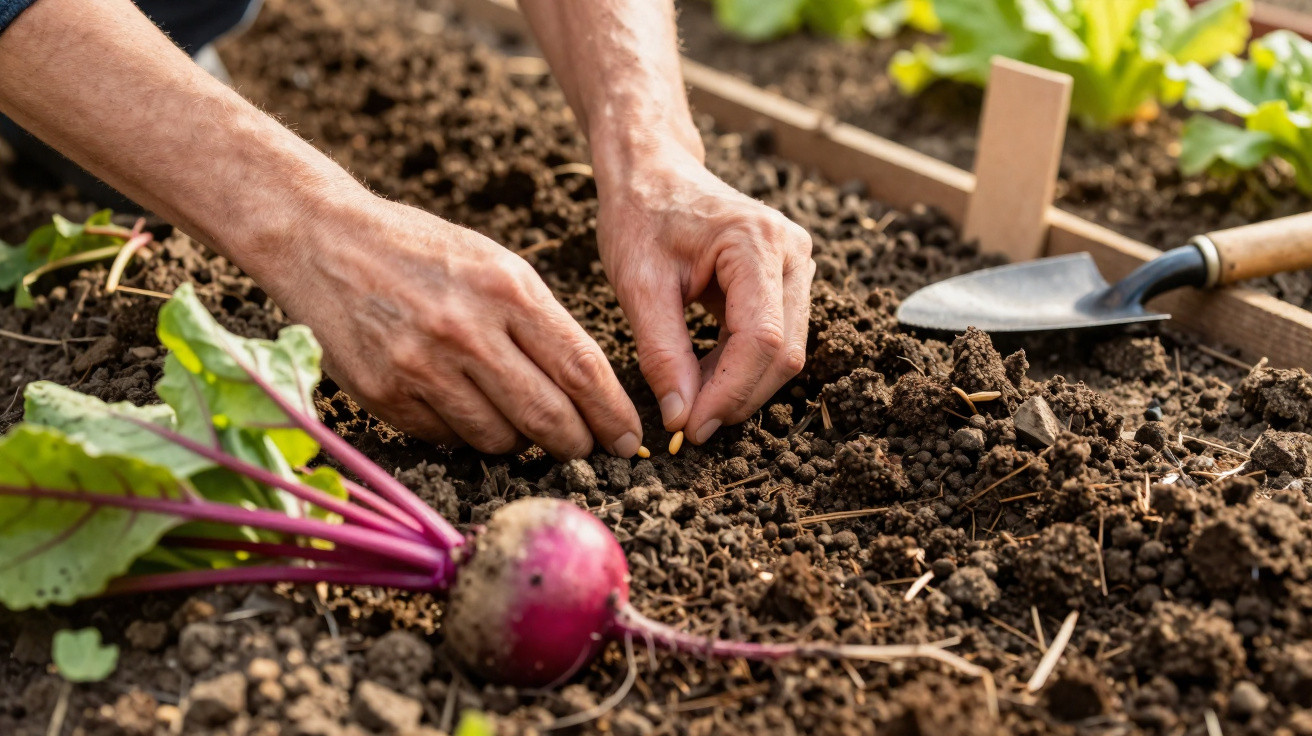Mãos a plantar sementes na terra num canteiro, com uma beterraba colhida e uma pequena enxada ao lado.