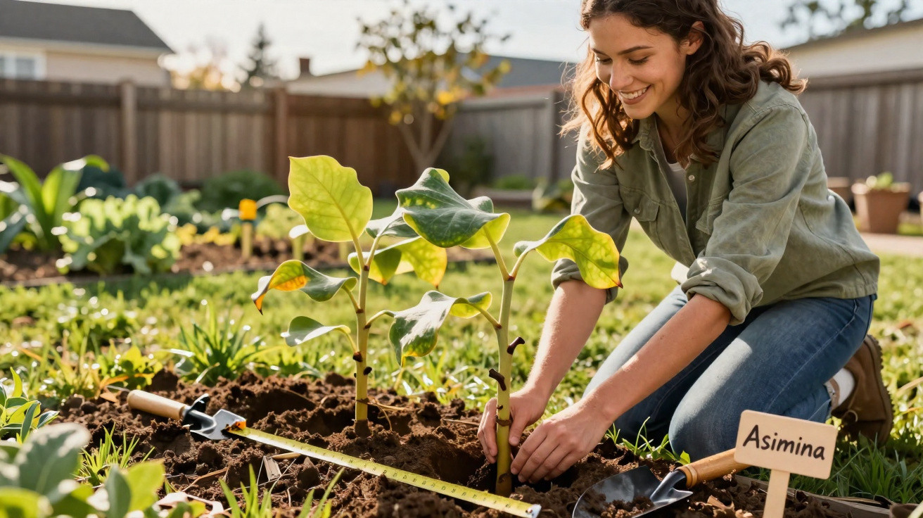 Mulher a plantar muda de Asimina num jardim, rodeada por plantas e ferramentas de jardinagem.