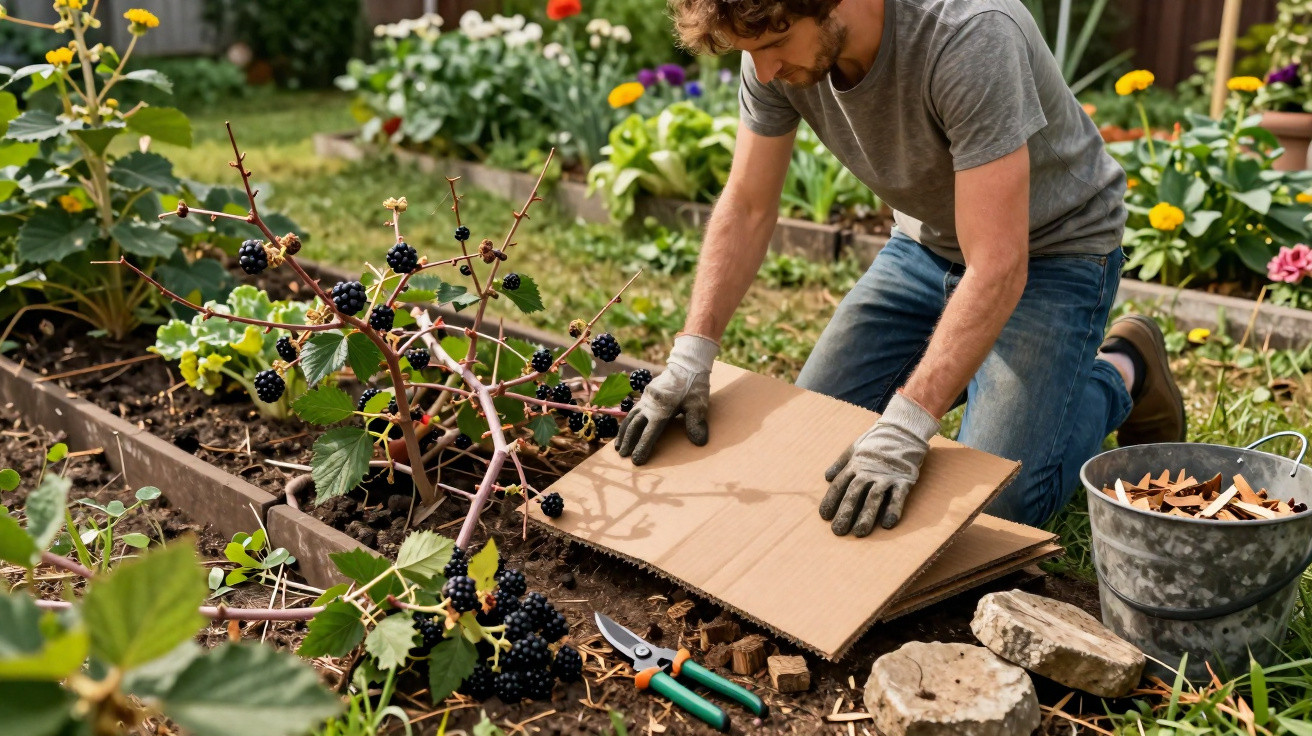 Homem a preparar canteiro com cartão para plantar amoras no jardim com flores e ferramentas à volta.