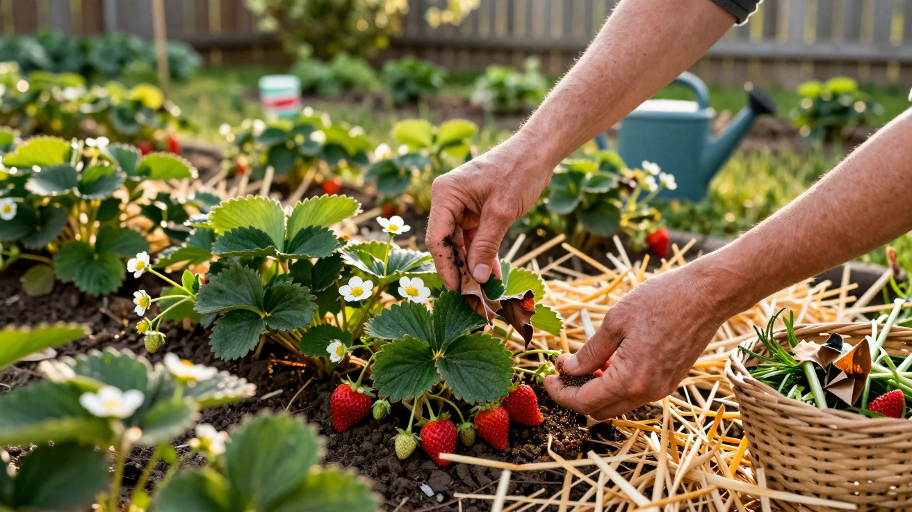 Mãos a colher morangos em jardim com plantas e regador ao fundo, de dia.