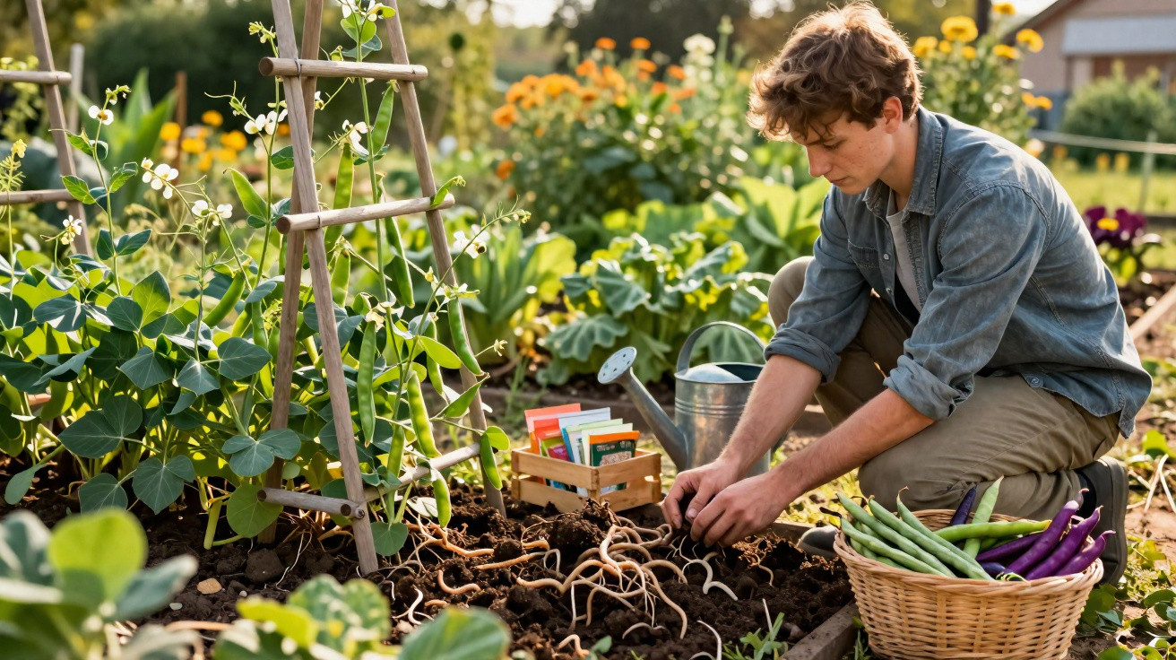 Homem a plantar raízes num canteiro de jardim com legumes e flores ao fundo.