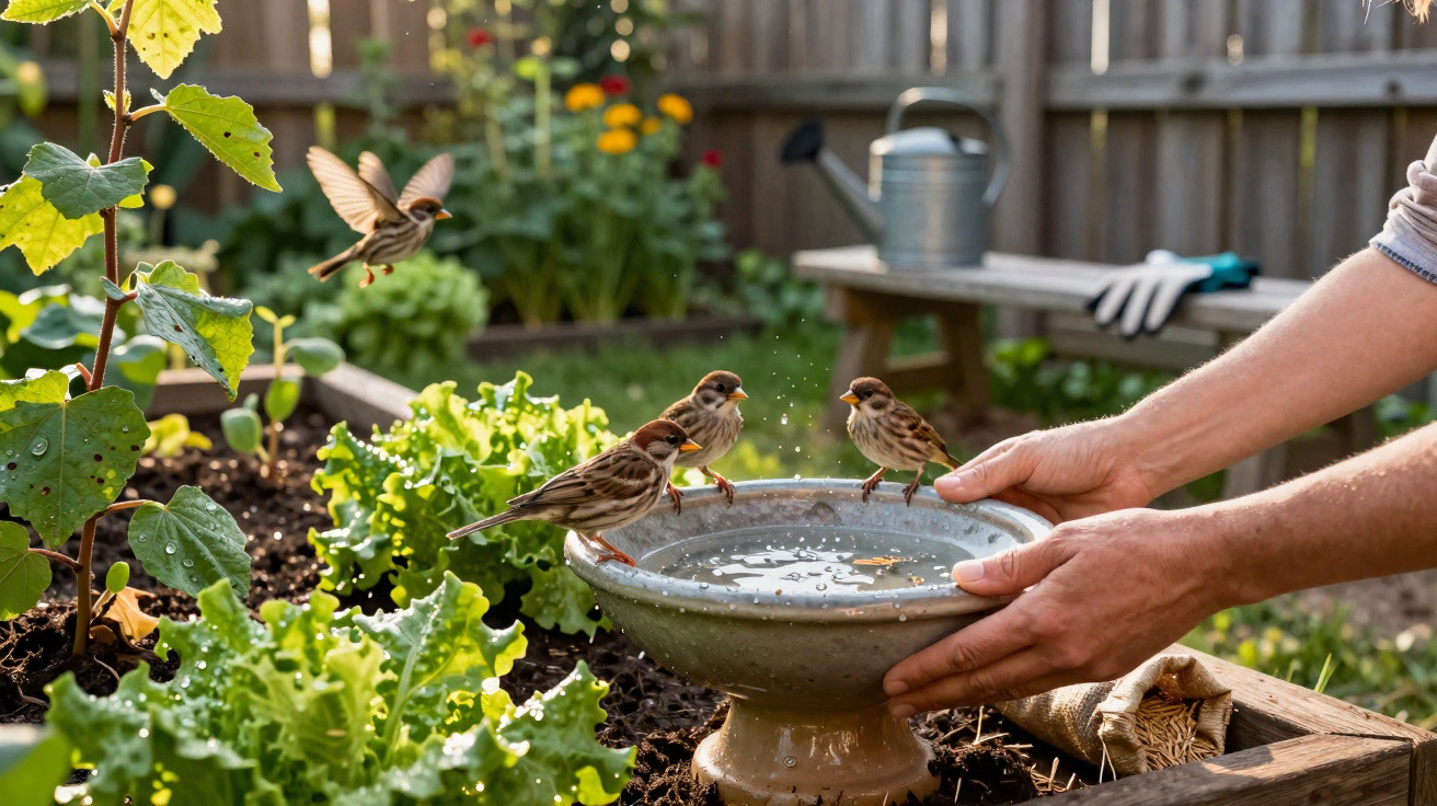 Pássaros a beber água numa taça de jardim rodeada de alface, com mãos humanas a segurar a taça.