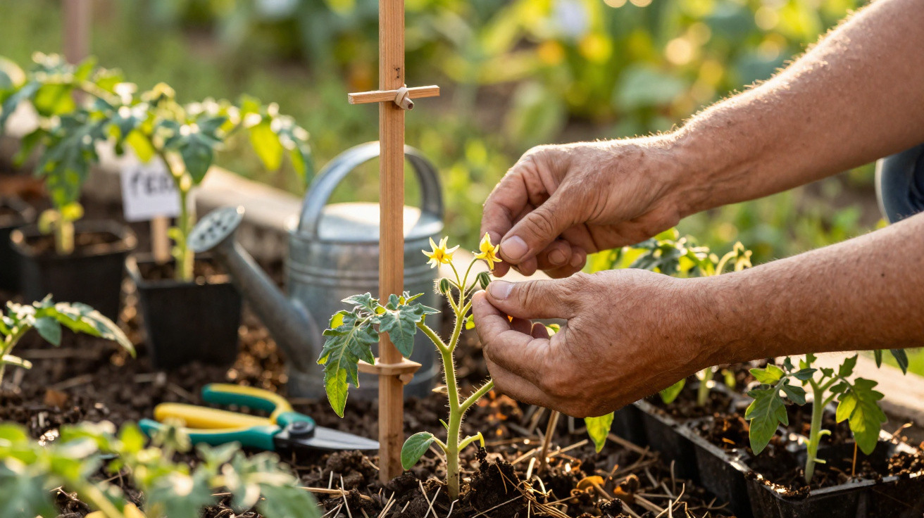 Mãos a cuidar de planta de tomateiro jovem com flores amarelas num jardim com regador ao fundo.
