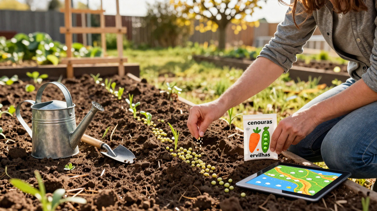 Pessoa a plantar ervilhas numa horta com uma pá, regador e tablet ao lado, num dia soalheiro.