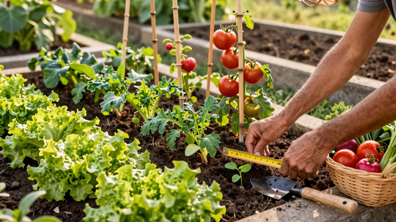 Pessoa a medir plantas em horta com tomates maduros, alfaces e cesta com colheita fresca.