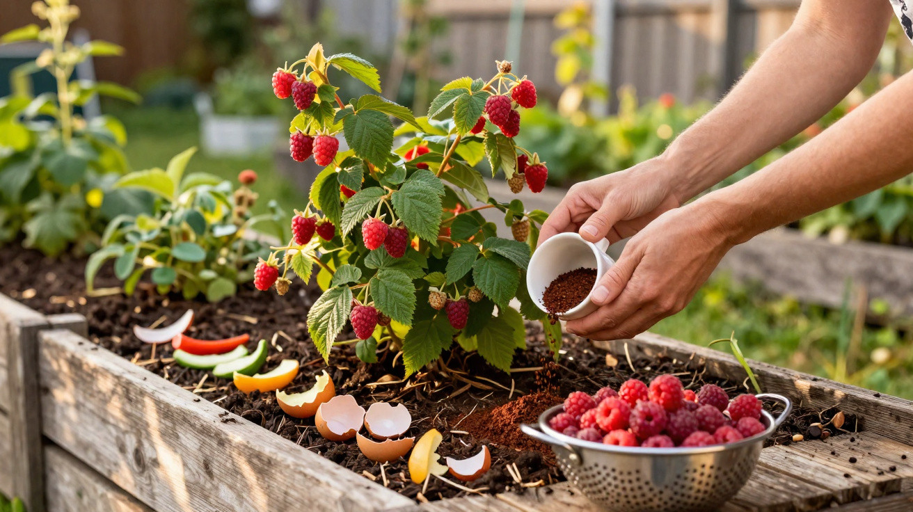 Pessoa a fertilizar planta de framboesas com borra de café num canteiro de madeira, ao lado de cascas de ovos e framboesas fr