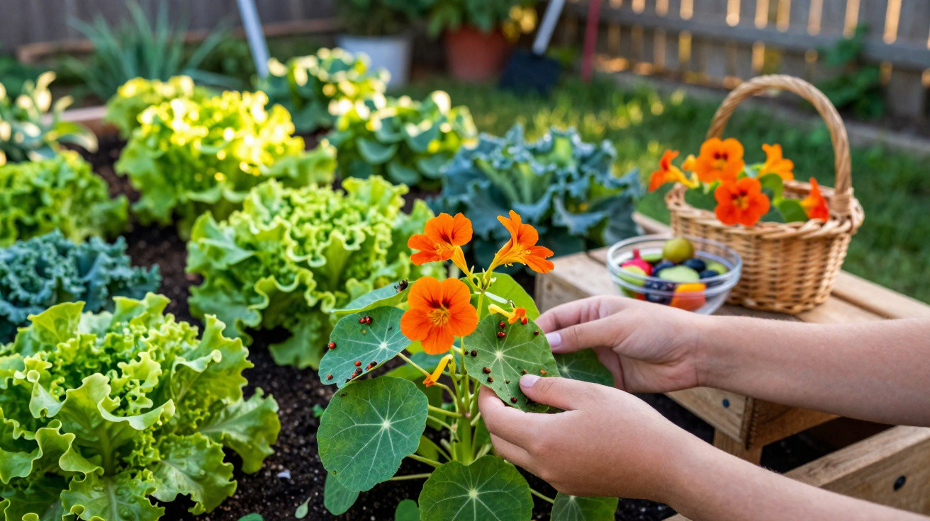 Mãos a cuidar de flores alaranjadas num jardim com alfaces e cesta com frutas ao fundo.
