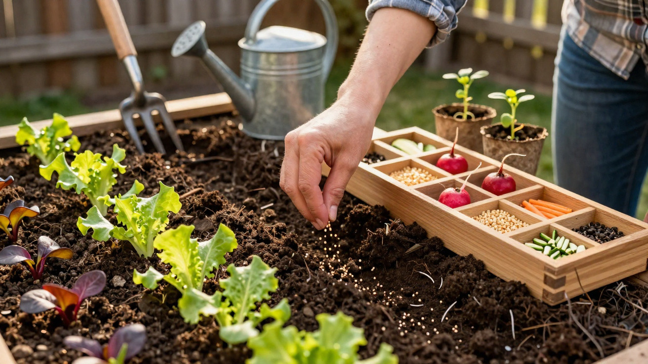 Pessoa a plantar sementes em canteiro de terra junto a caixa com legumes e sementes, regador e enxada.