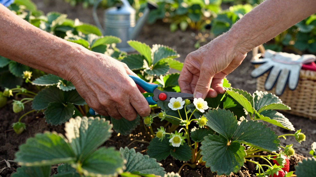 Mãos de pessoa a podar flores e cuidar de planta de morango num jardim ensolarado.