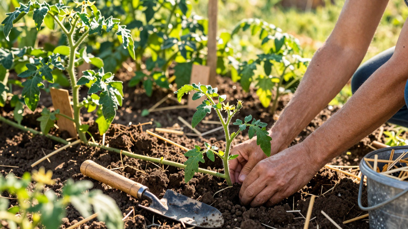 Pessoa a plantar uma muda de tomateiro num horta com uma pequena pá de jardim ao lado.