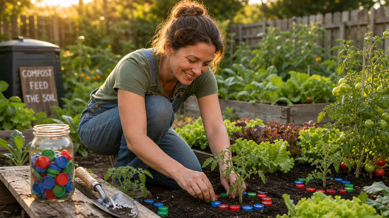 Mulher a plantar tomateiros num jardim, organizando tampas coloridas no solo ao entardecer.