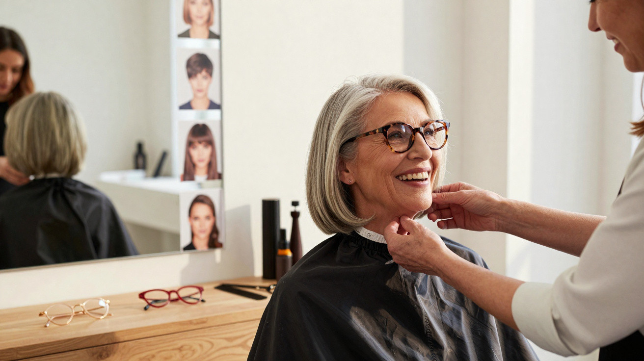 Senhora sorridente com cabelo grisalho a ser atendida por cabeleireira num salão moderno e bem iluminado.