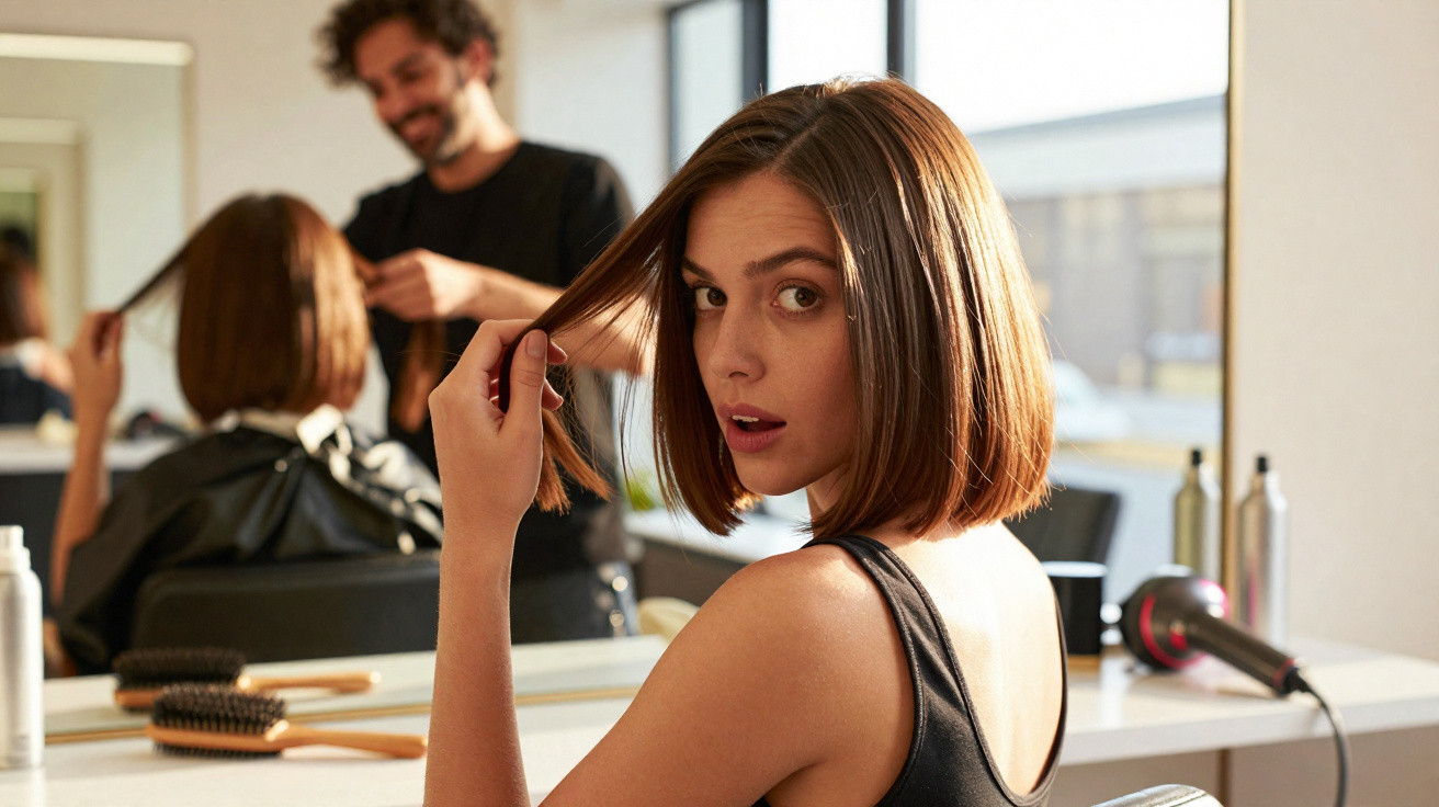 Mulher com cabelo curto a observar o corte de cabelo num salão de beleza com cabeleireiro ao fundo.