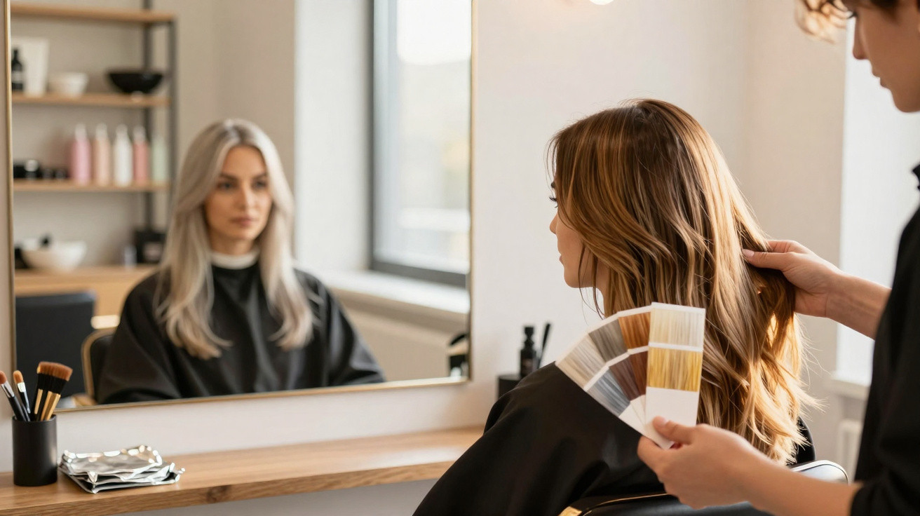 Cliente sentada no cabeleireiro, enquanto profissional compara amostras de cores de cabelo junto ao seu cabelo.