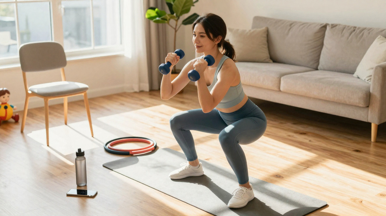 Mulher a fazer agachamento com halteres numa sala com tapete, sofá e janela a deixar entrar luz natural.