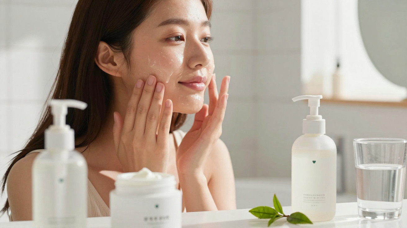Mulher a aplicar creme facial num ambiente de casa de banho com produtos de cuidado da pele à frente.