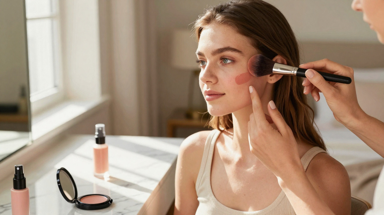 Mulher a receber maquilhagem com pincel de blush no rosto num ambiente iluminado e tranquilo.