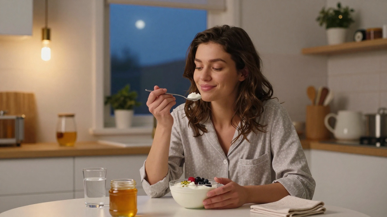 Mulher sorridente a comer iogurte com frutos vermelhos na cozinha ao entardecer.