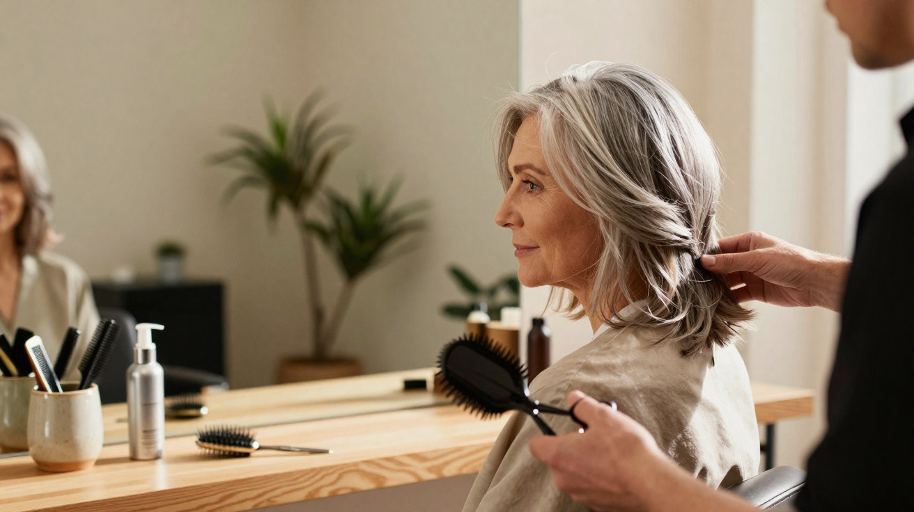 Mulher com cabelo grisalho sentada num salão de cabeleireiro a ser penteada por um profissional.