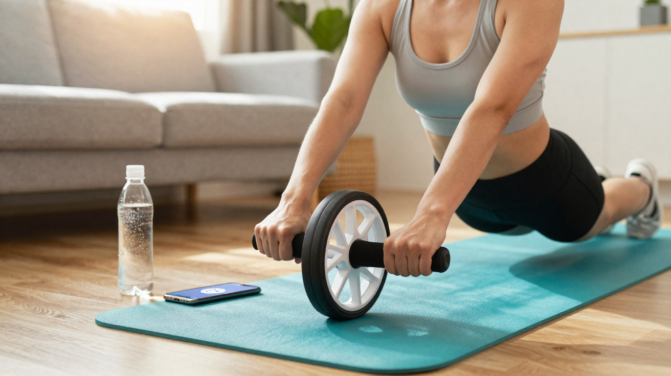 Pessoa a fazer exercício com roda de treino num tapete azul numa sala iluminada.