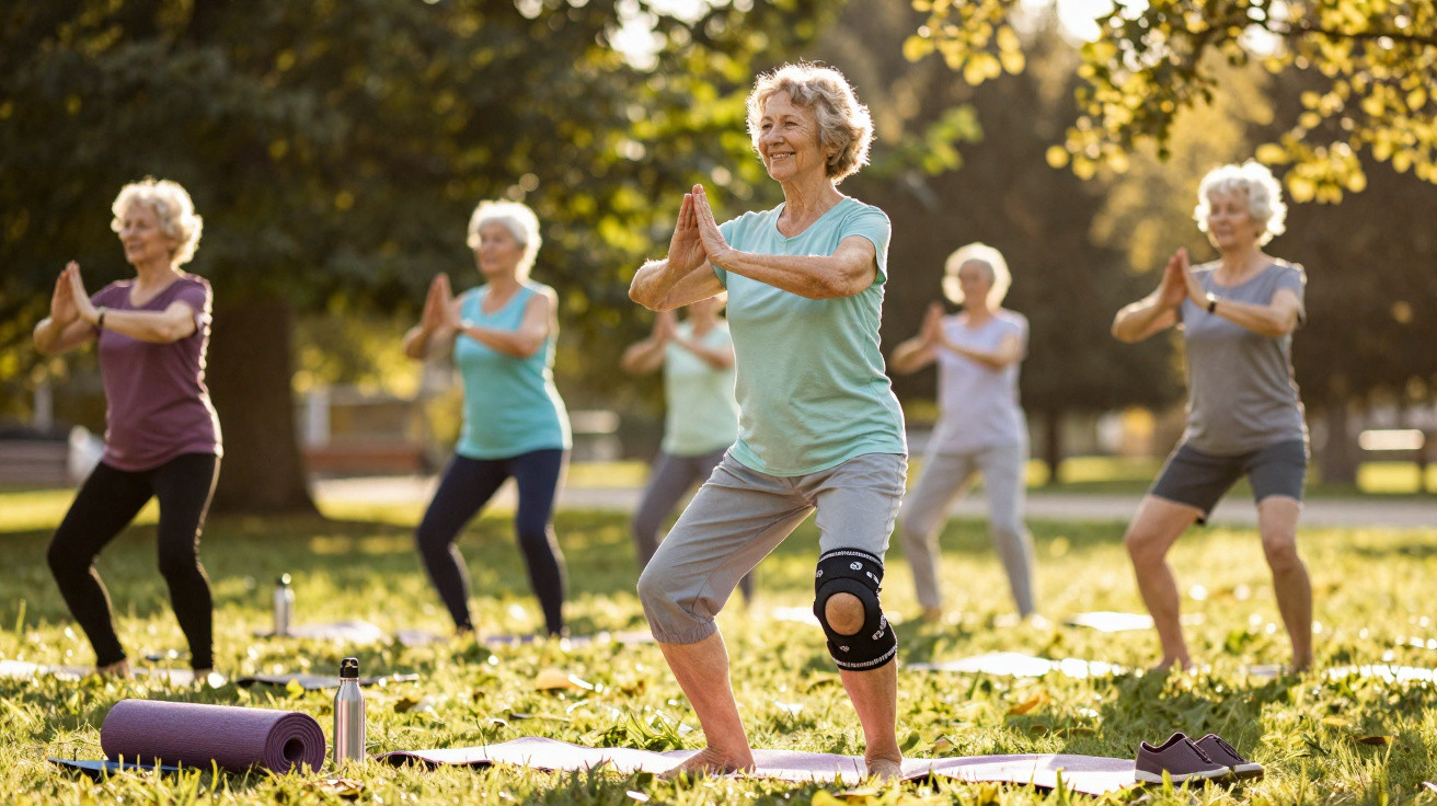 Mulheres idosas a praticar yoga em grupo num parque ao ar livre, em pé com as mãos unidas.