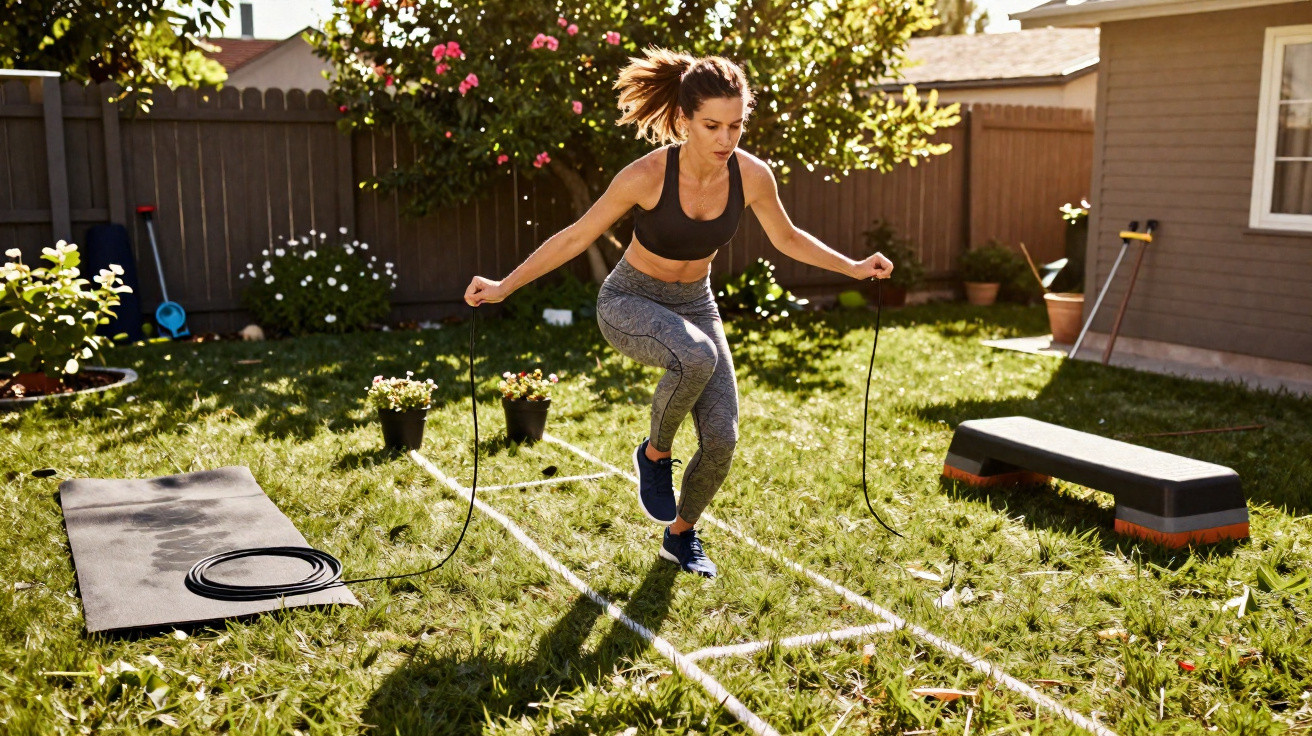 Mulher a saltar com corda num jardim ensolarado, rodeada de plantas e equipamentos de fitness.