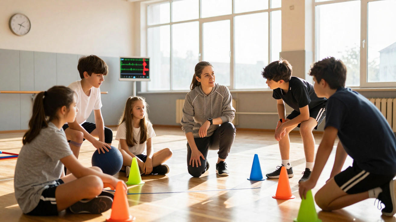 Treinadora com crianças em ginásio, sentados e agachados em roda junto de cones coloridos e bola azul.
