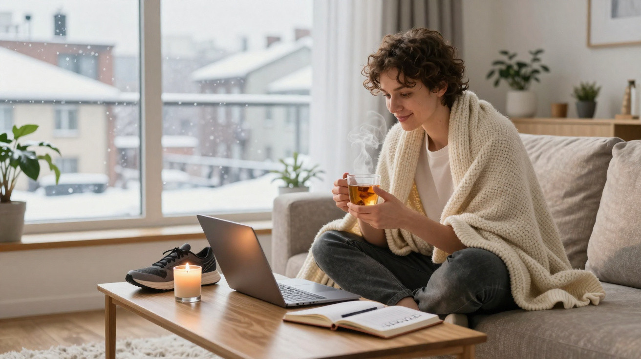Pessoa sentada no sofá com manta, a beber chá, laptop e caderno na mesa, janela com neve ao fundo.