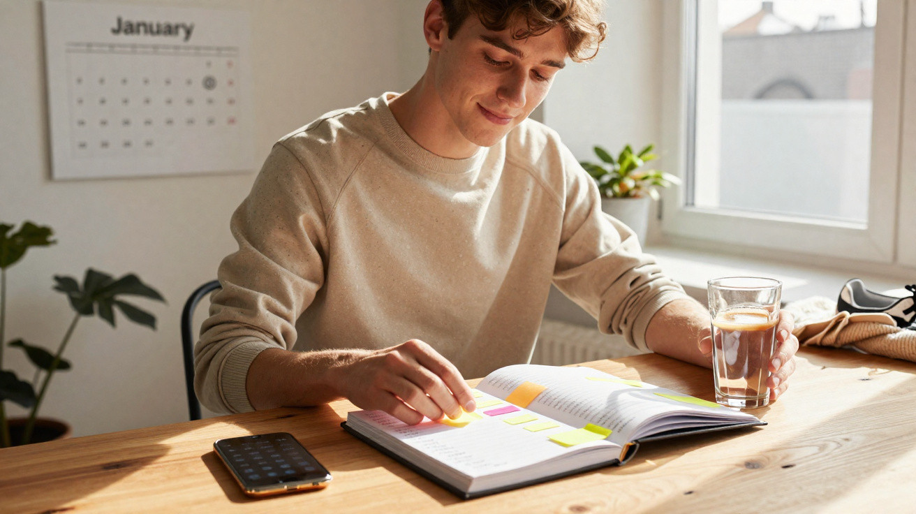 Jovem a estudar com caderno aberto e notas adesivas, segurando copo de água numa mesa com calendário e planta.