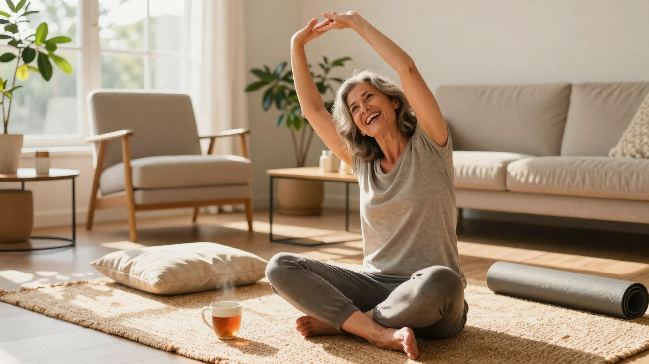 Mulher sorridente a alongar-se sentada no chão da sala com tapete, chá e almofada à sua volta.