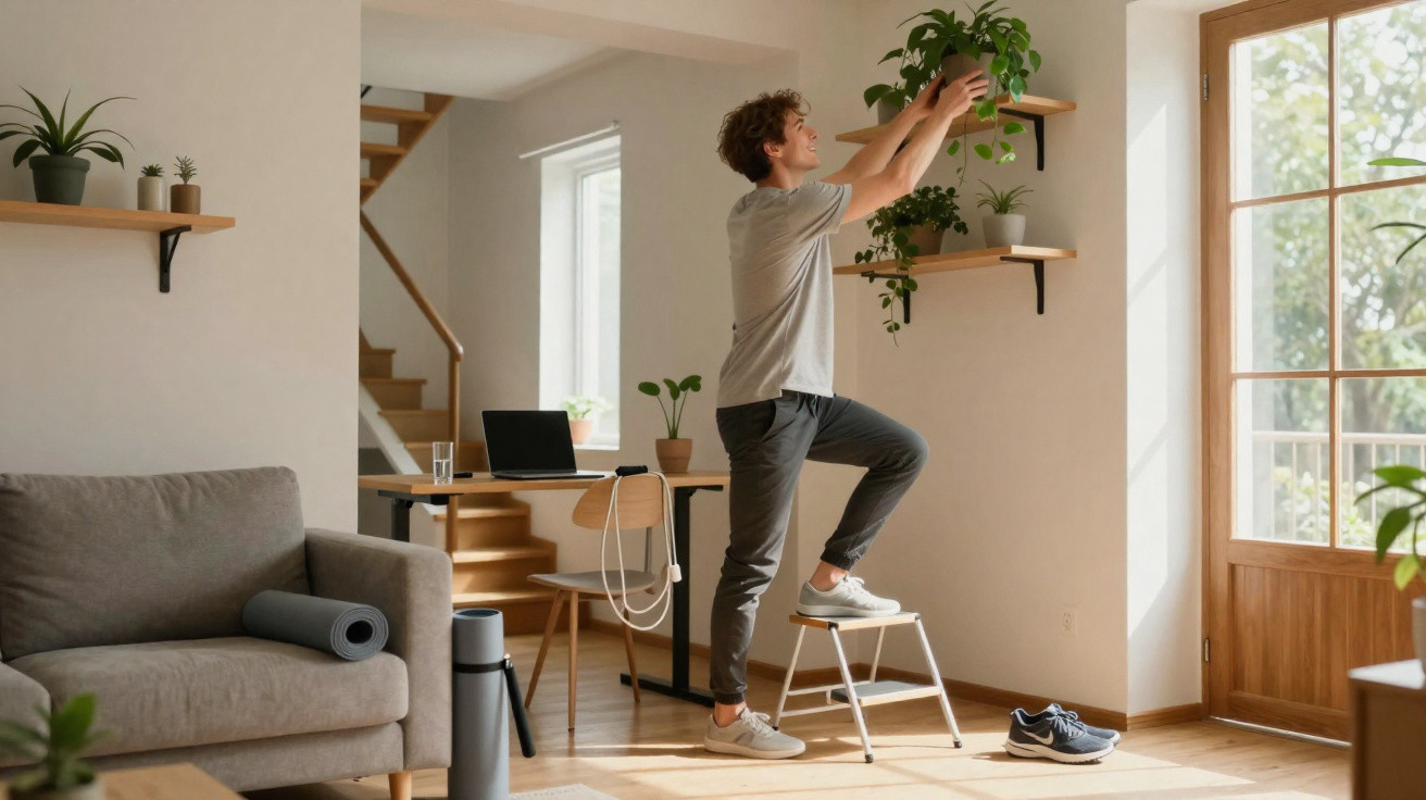 Homem a organizar plantas numa sala luminosa, apoiado num banquinho junto a uma porta de madeira.